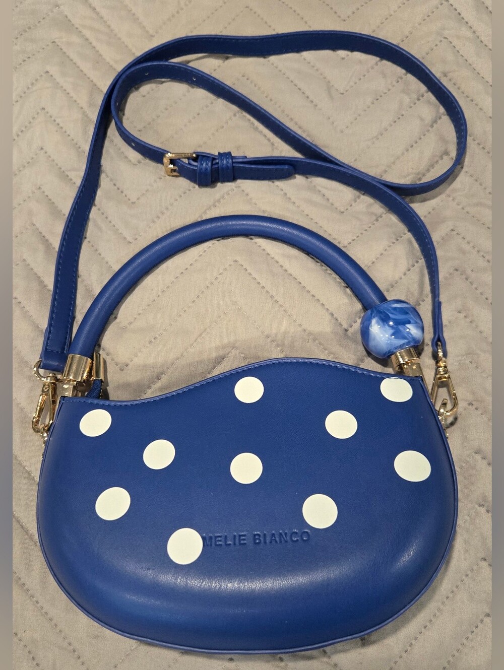 Melie Bianco Blue and White Polka Dot Crossbody Bag